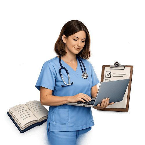 CNA Studying on Laptop with book in background CNA Studying on Laptop with book in background