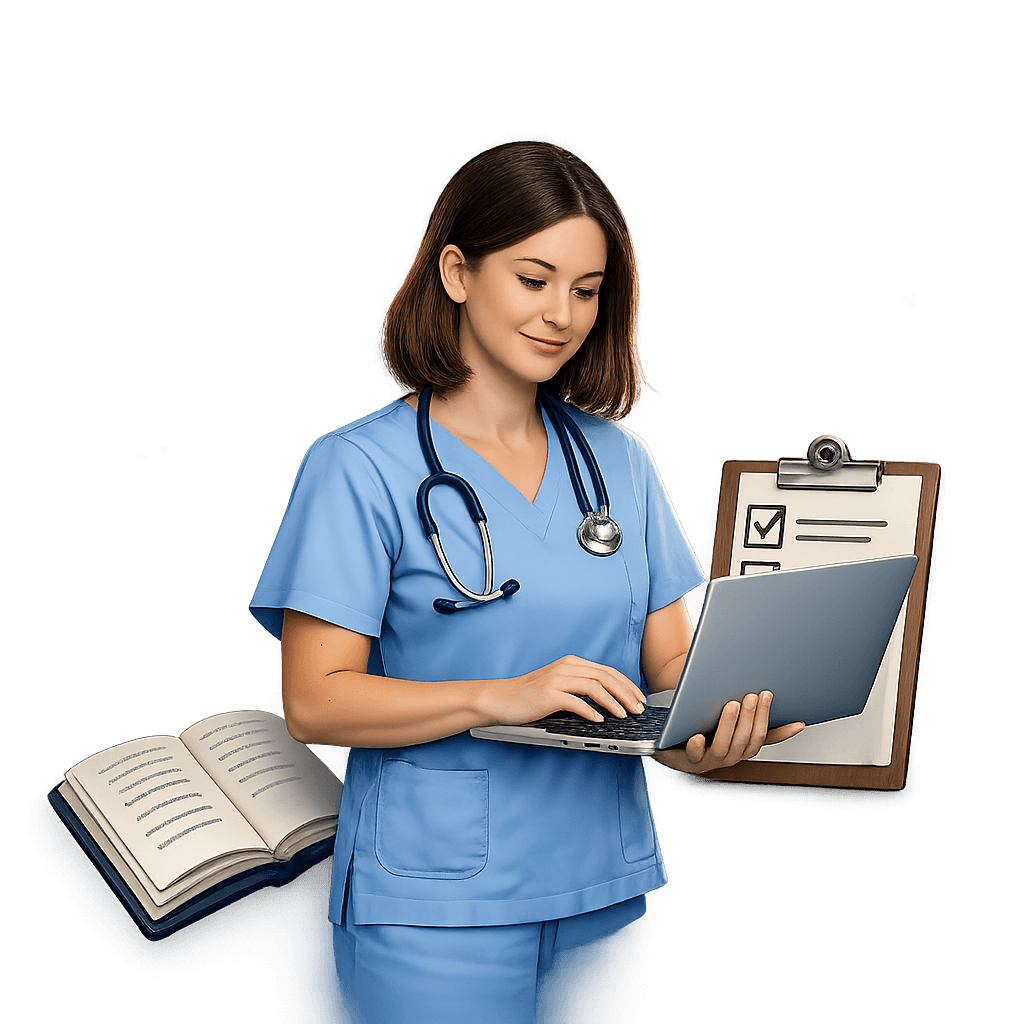 CNA Studying on Laptop with book in background