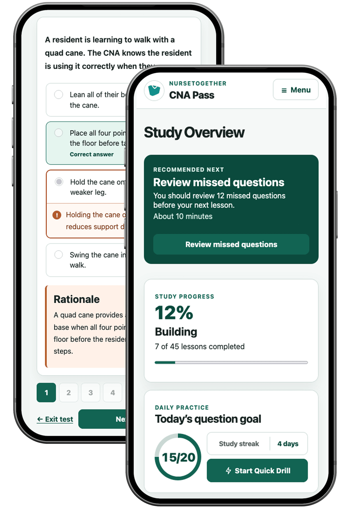 CNA Pass exam prep dashboard shown on mobile phone