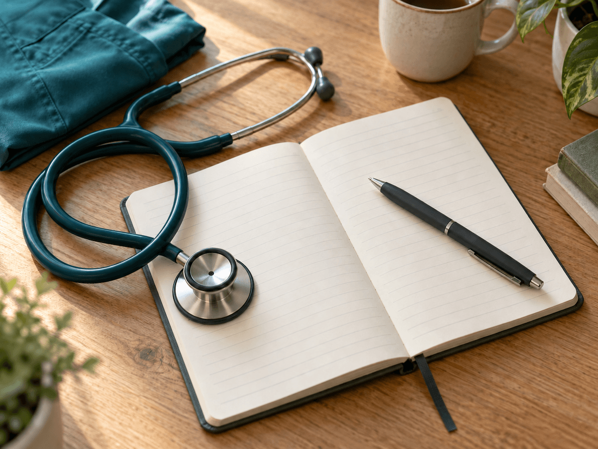Open notebook, pen, stethoscope, and teal scrubs on a wooden table