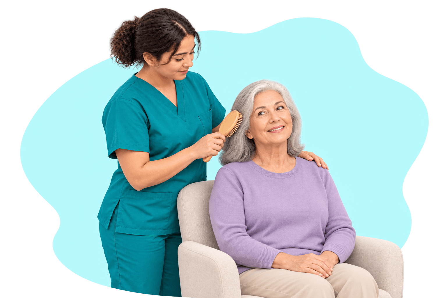 CNA in teal scrubs brushing the hair of an elderly woman seated in a chair.