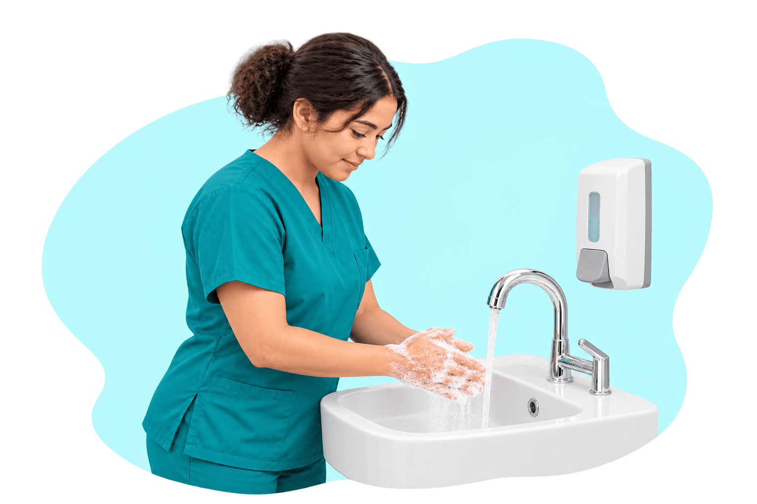 CNA in teal scrubs washing their hands with soap at a sink.